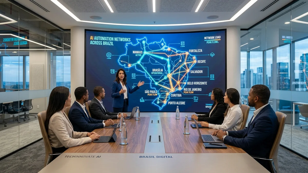 Apresentação corporativa de inteligência artificial em sala de conferência conectando capitais brasileiras