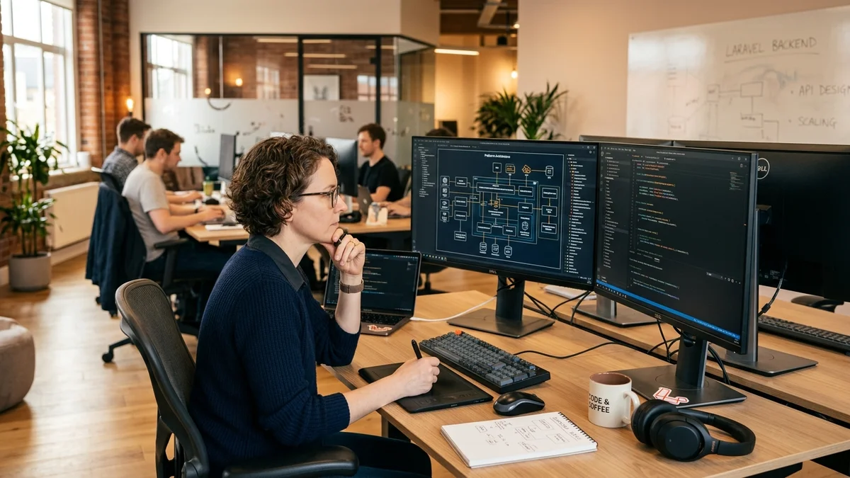 Engenheiro backend analisando arquitetura de software e módulos Laravel em escritório de tecnologia
