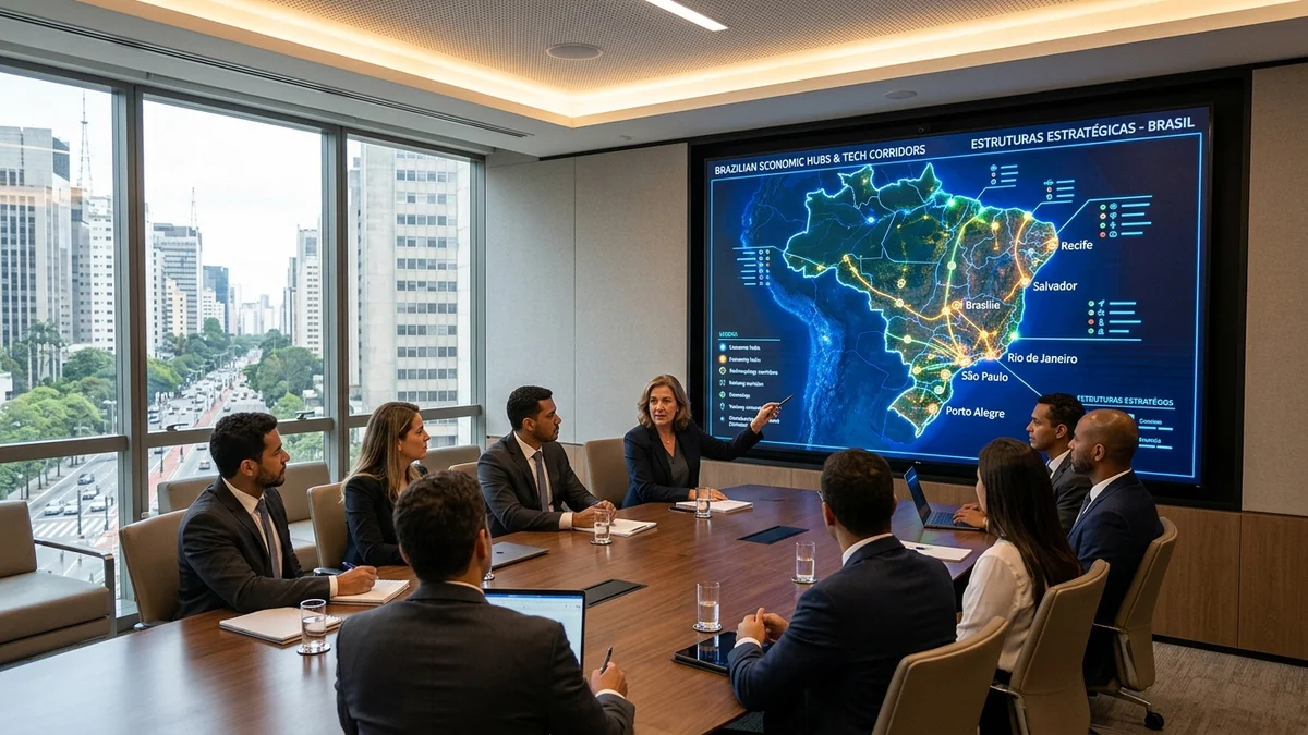 Reunião executiva em São Paulo com mapa digital iluminado de polos econômicos e desenvolvedores de software do Brasil