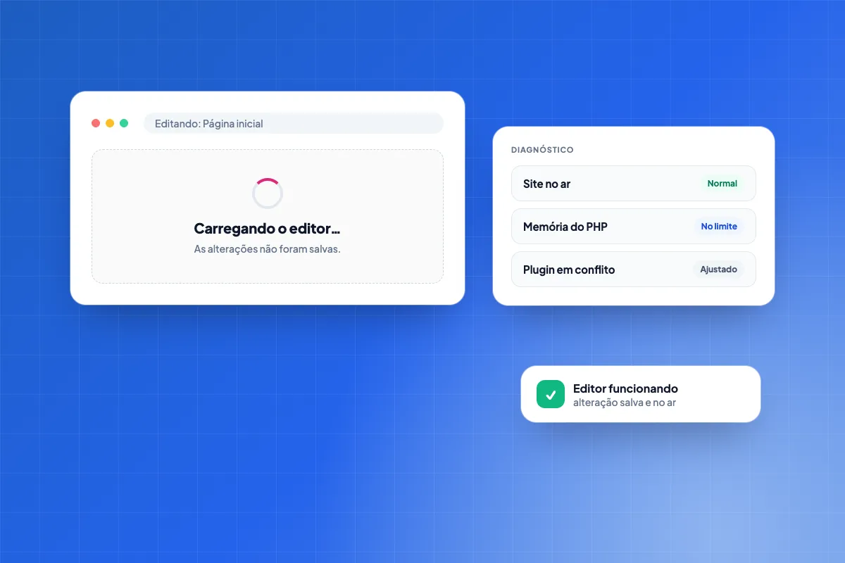Editor do Elementor parado na tela de carregamento e o aviso de que as alterações não foram salvas, ao lado do diagnóstico (conflito de plugin, memória do PHP no limite) e do editor funcionando de novo