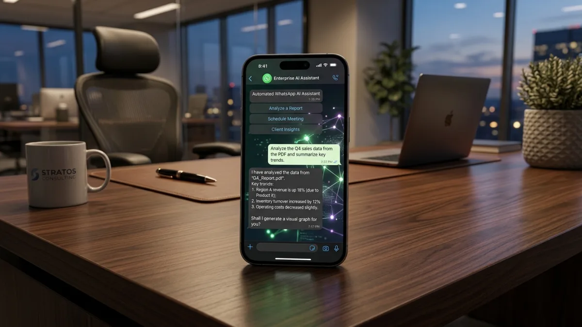 Smartphone exibindo atendimento automatizado inteligente com IA no WhatsApp corporativo