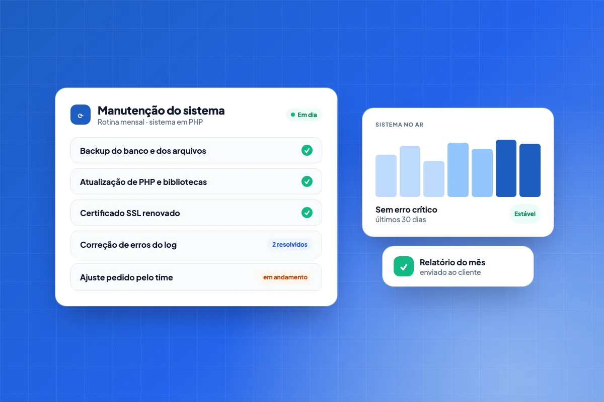Painel de manutenção mensal de sistema em PHP com backup, atualização de PHP, certificado SSL renovado e correção de erros concluídos