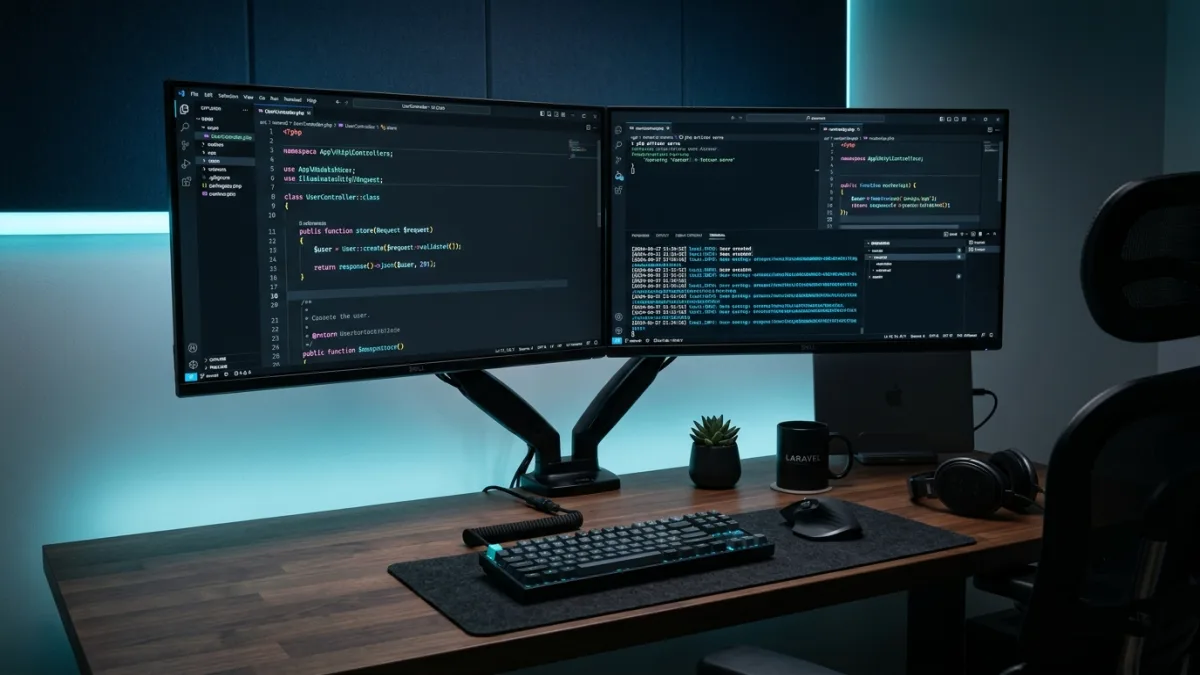 Programador PHP sênior analisando código de sistema e resolvendo erros no backend