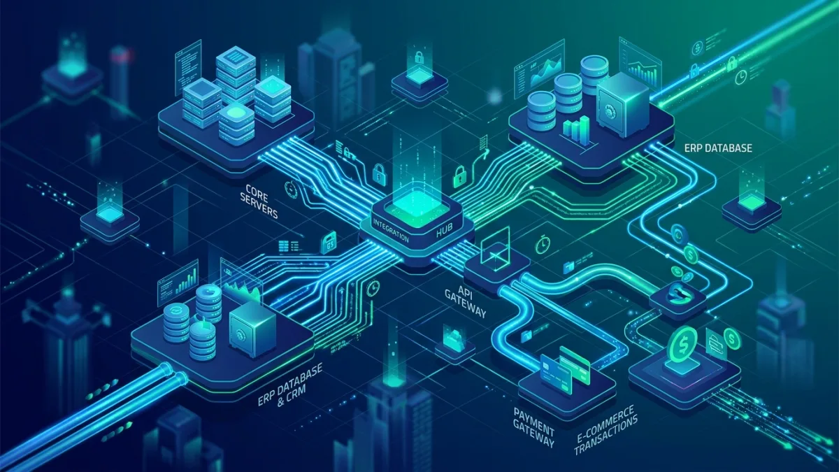 Diagrama de integração de sistemas e APIs backend com PHP conectando meios de pagamento e ERPs