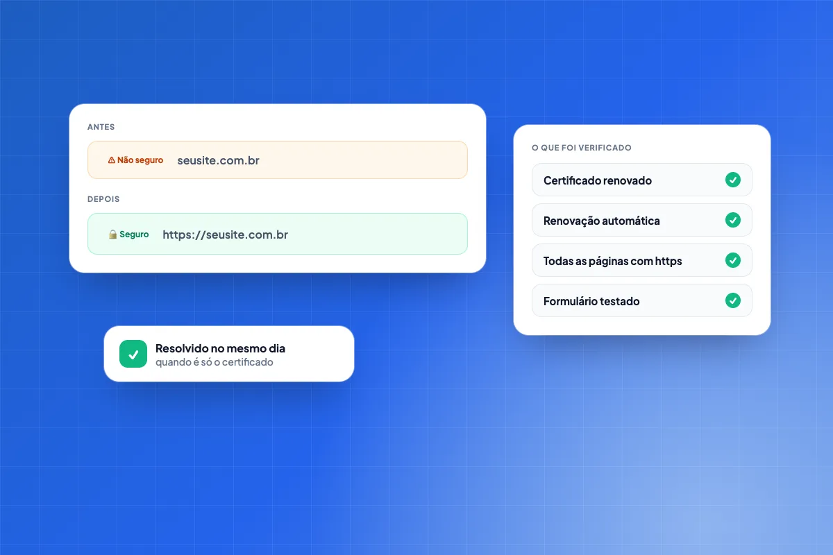 Barra de endereço do navegador com o aviso não seguro ao lado do mesmo site já com o cadeado de site seguro, e a lista do que foi verificado: certificado, endereço com https e conteúdo da página